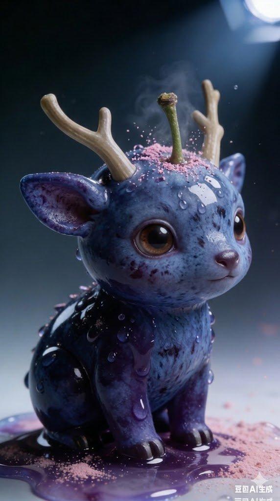 プロンプトのプレビュー: かわいいブルーベリーの子鹿、森の精霊マクロ写真