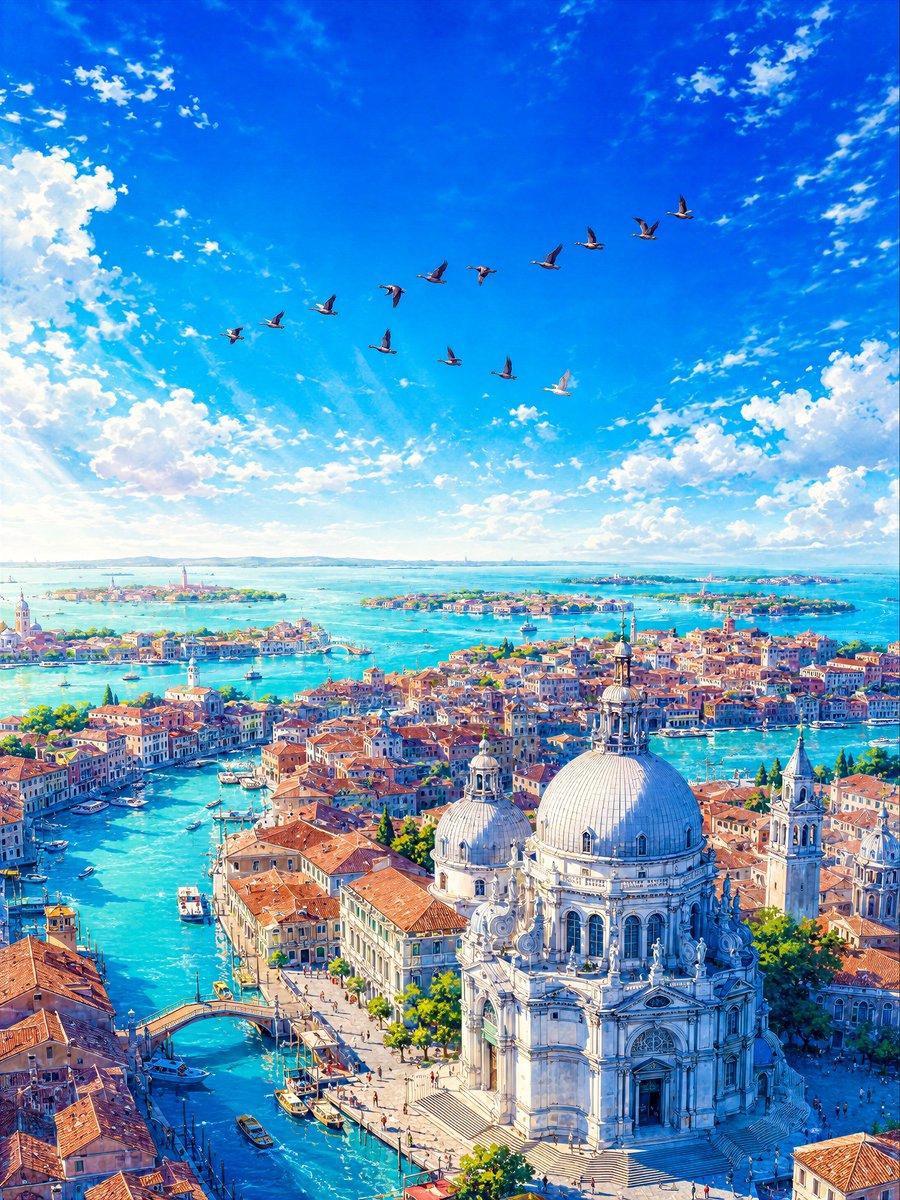 プロンプトのプレビュー: ガチョウが舞うラグーンの空撮風景