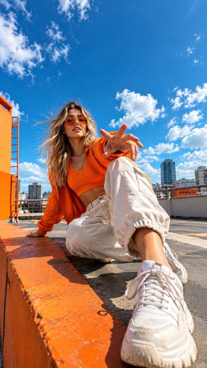 Prompt preview: Create a 9:16 ultra-photorealistic fashion photograph of a stylish young blonde woman in a vibrant o…