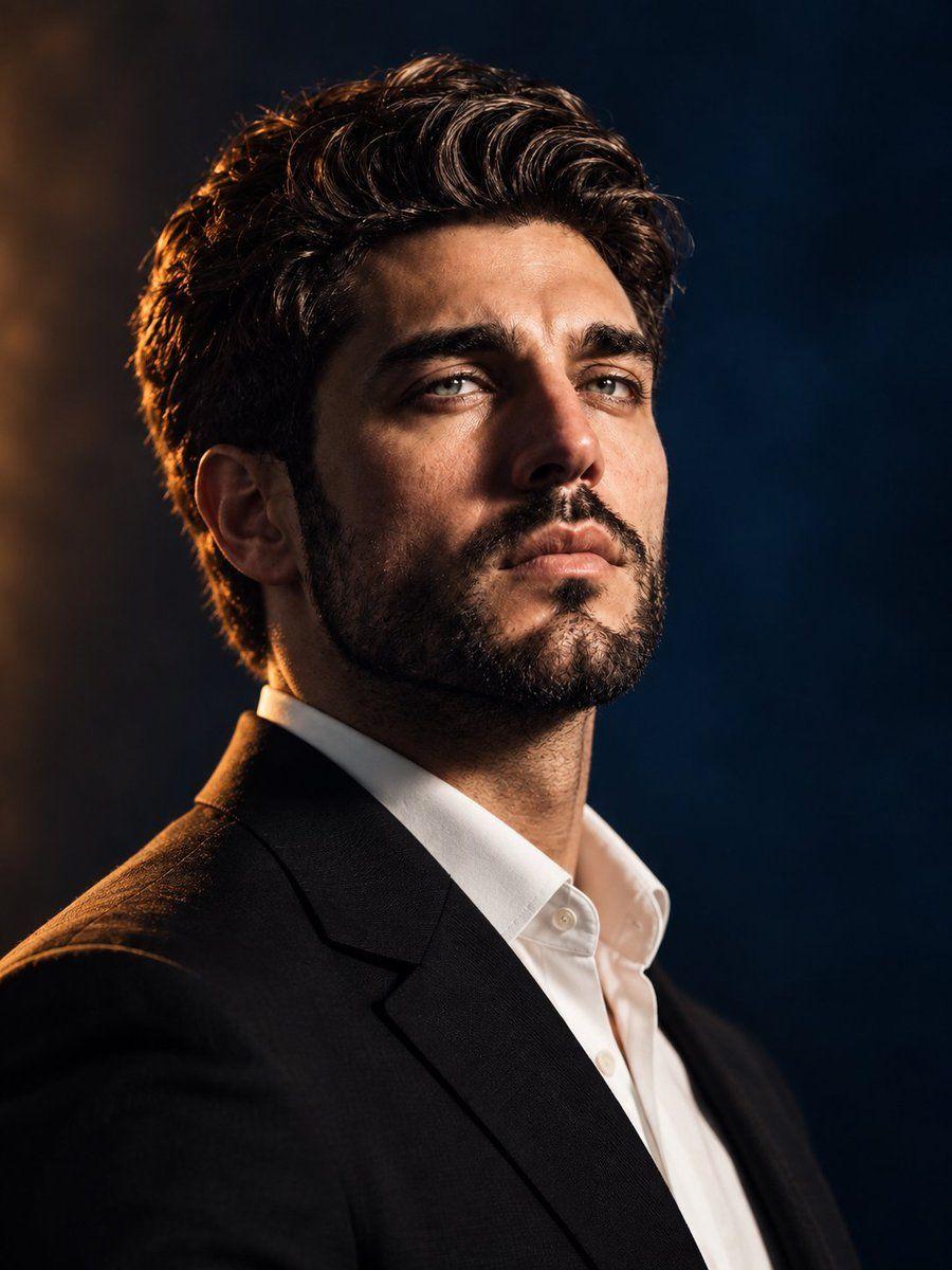 Prompt preview: Ultra-realistic cinematic close-up portrait of a handsome young man in a sophisticated black tailore…