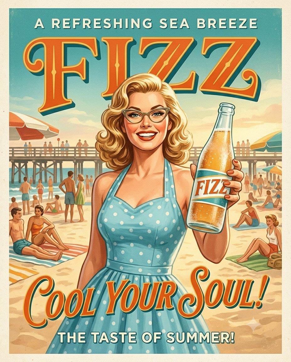 Pré-visualização do prompt: Cartazes publicitários de refrigerantes vintage dos anos 1950