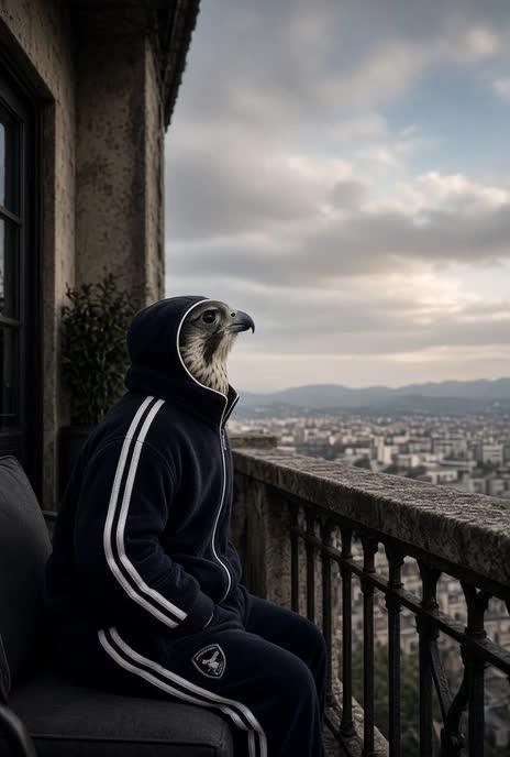 Prompt preview: Imagine a falcon in an up and down “high fashion” track suit sitting down and observing the sky’s fr…