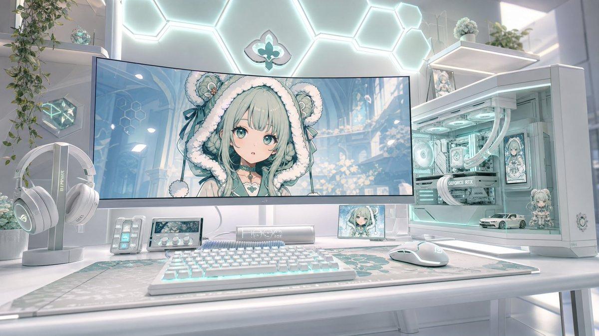 プロンプトのプレビュー: パステルカラーのアニメ風ゲーミングデスクセットアップ