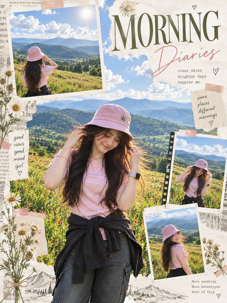 Preview ng prompt: Create a high-end morning editorial scrapbook poster from the uploaded photo. Transform the sunset s…