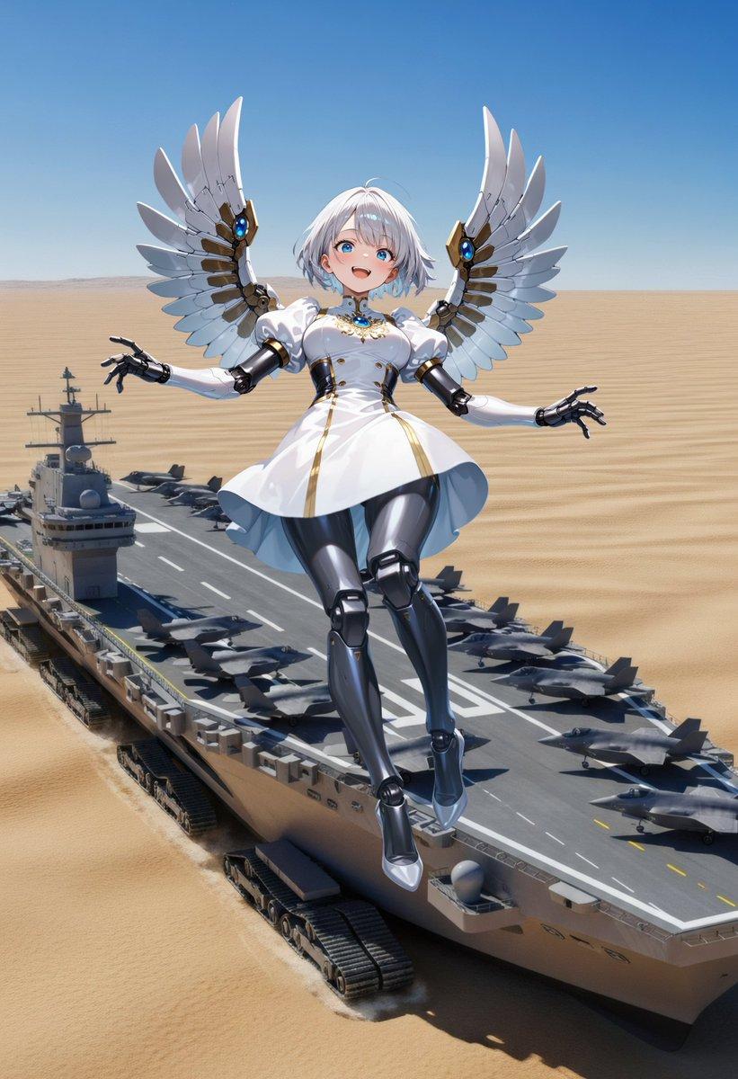 プロンプトのプレビュー: 天使のようなアンドロイドと陸上空母