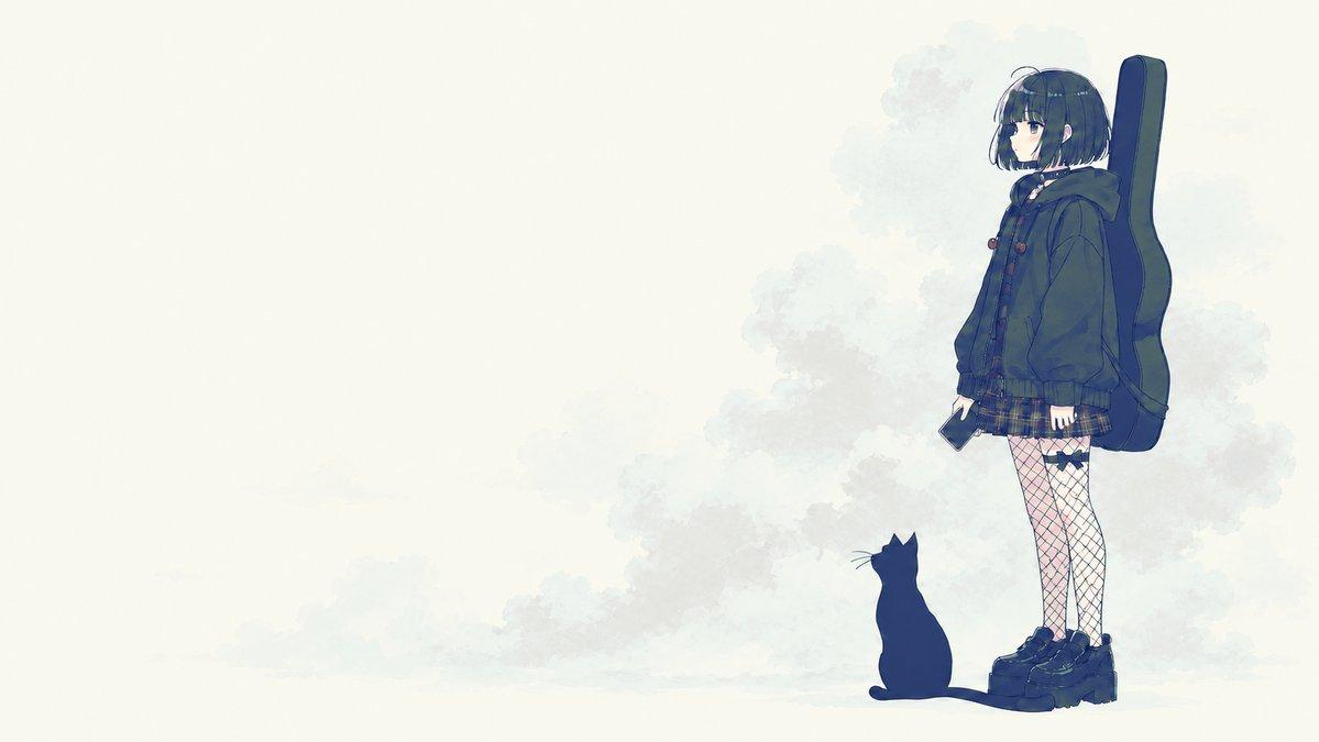 プロンプトのプレビュー: 物憂げなギター少女と猫