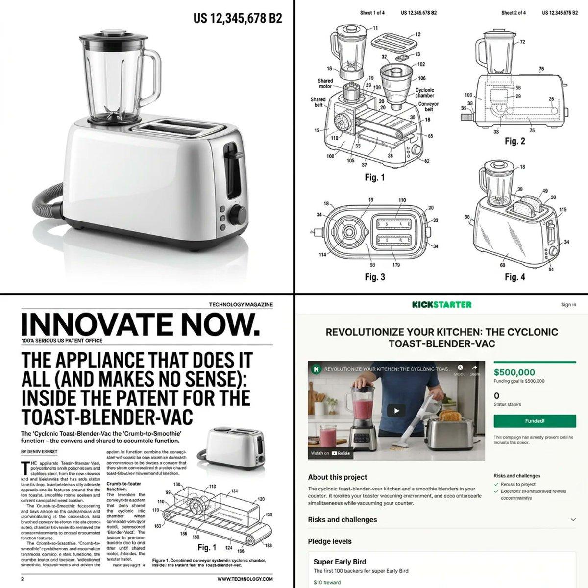 Promptforhåndsvisning: Multi-step prompt for generating absurd patent documents and product renders