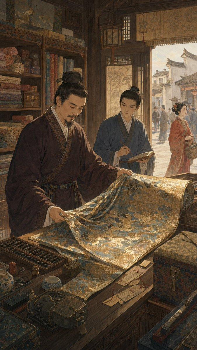 プロンプトのプレビュー: 中国の古い絹織物店の内観