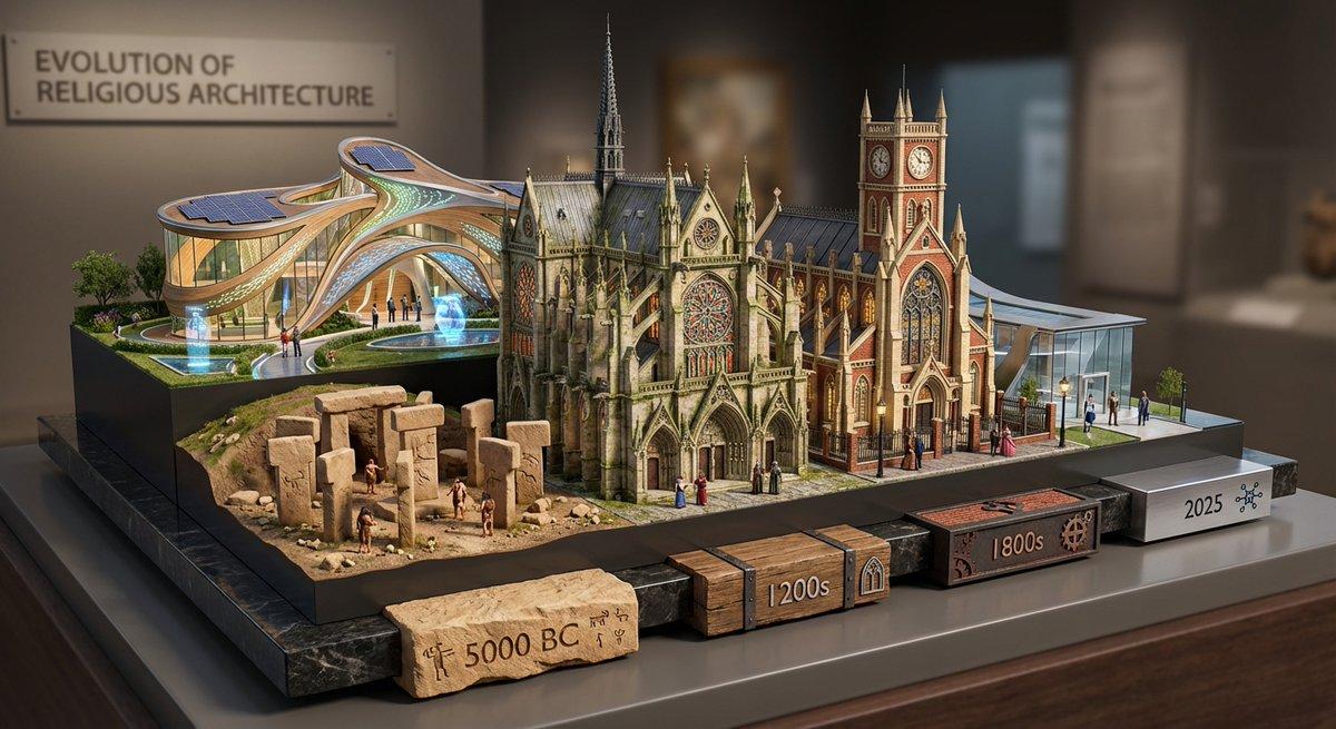 Promptvoorbeeld: Layered Diorama of Religious Architecture Evolution