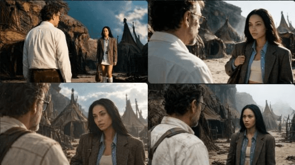 Preview ng prompt: still from a hollywood scifi movie. over the shoulder of the man in image 1. he's on frame left in t…