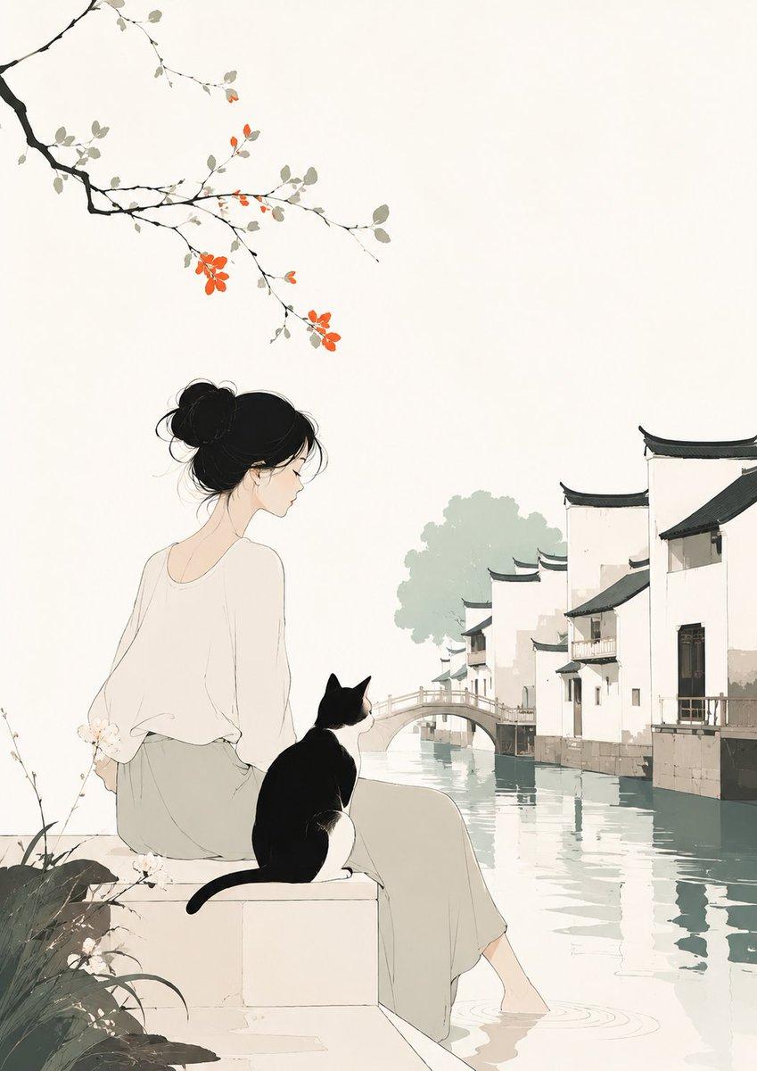 提示词预览: 女孩与猫的极简主义插画