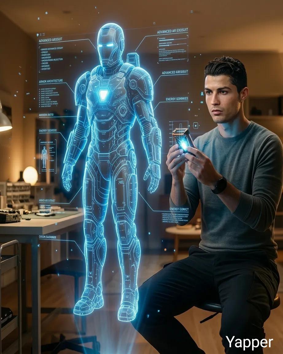 Aperçu du prompt: Ingénieur futuriste avec exosquelette holographique