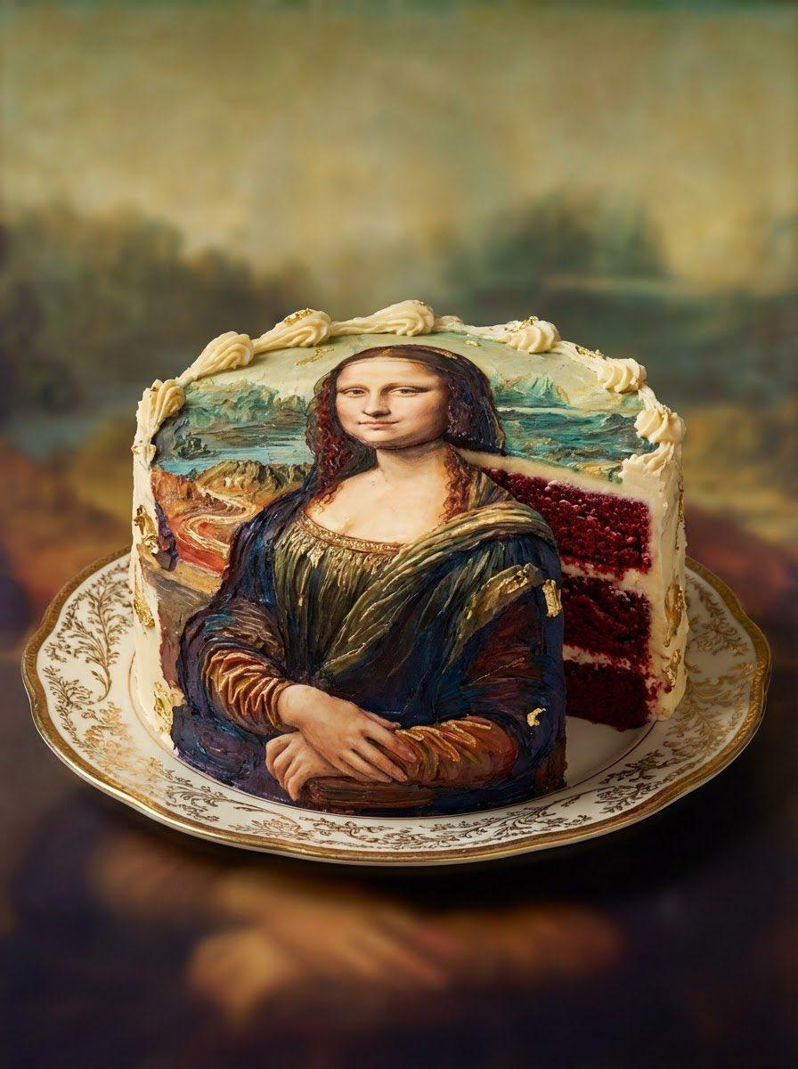 プロンプトのプレビュー: レッドベルベットケーキの絵画を再現した料理写真プロンプト
