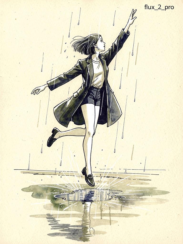 プロンプトのプレビュー: 雨の中でジャンプする女性のインクペン画風イラスト