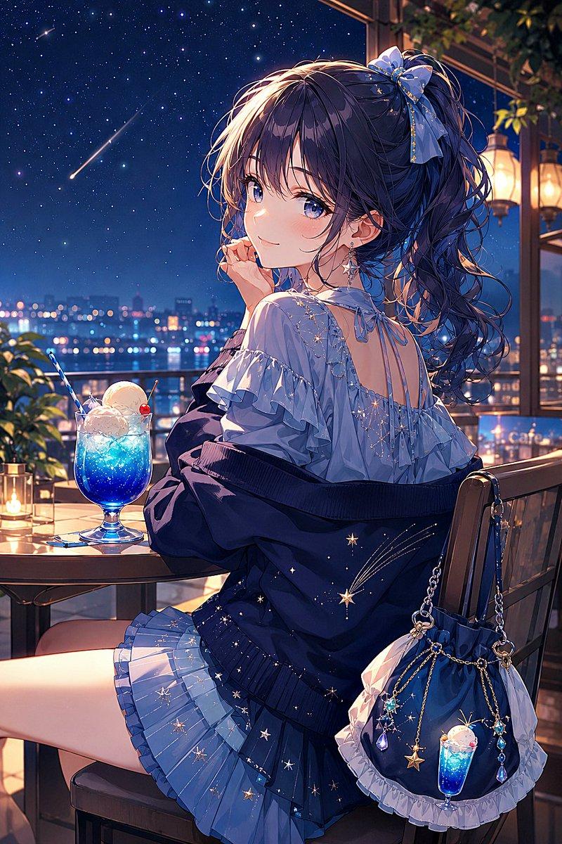 ตัวอย่างพรีวิวพรอมต์: สาวน้อยคาเฟ่โซดาธีมท้องฟ้ายามค่ำคืนสไตล์อนิเมะ