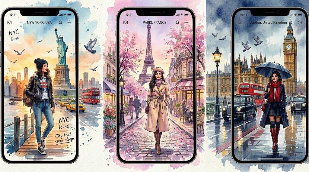プロンプトのプレビュー: 水彩画風トラベルアプリのスマホモックアップ
