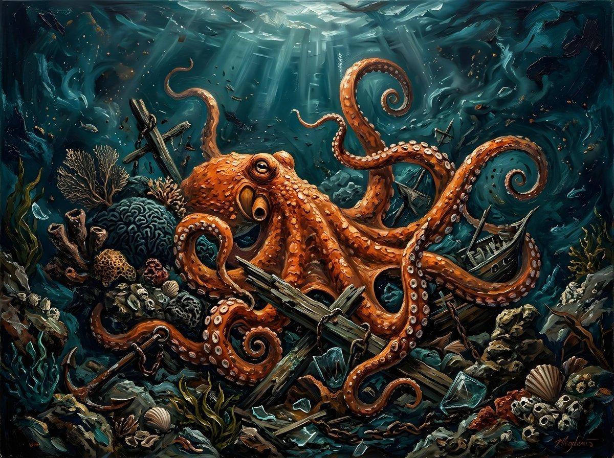 プロンプトのプレビュー: 混沌としたタコの油絵