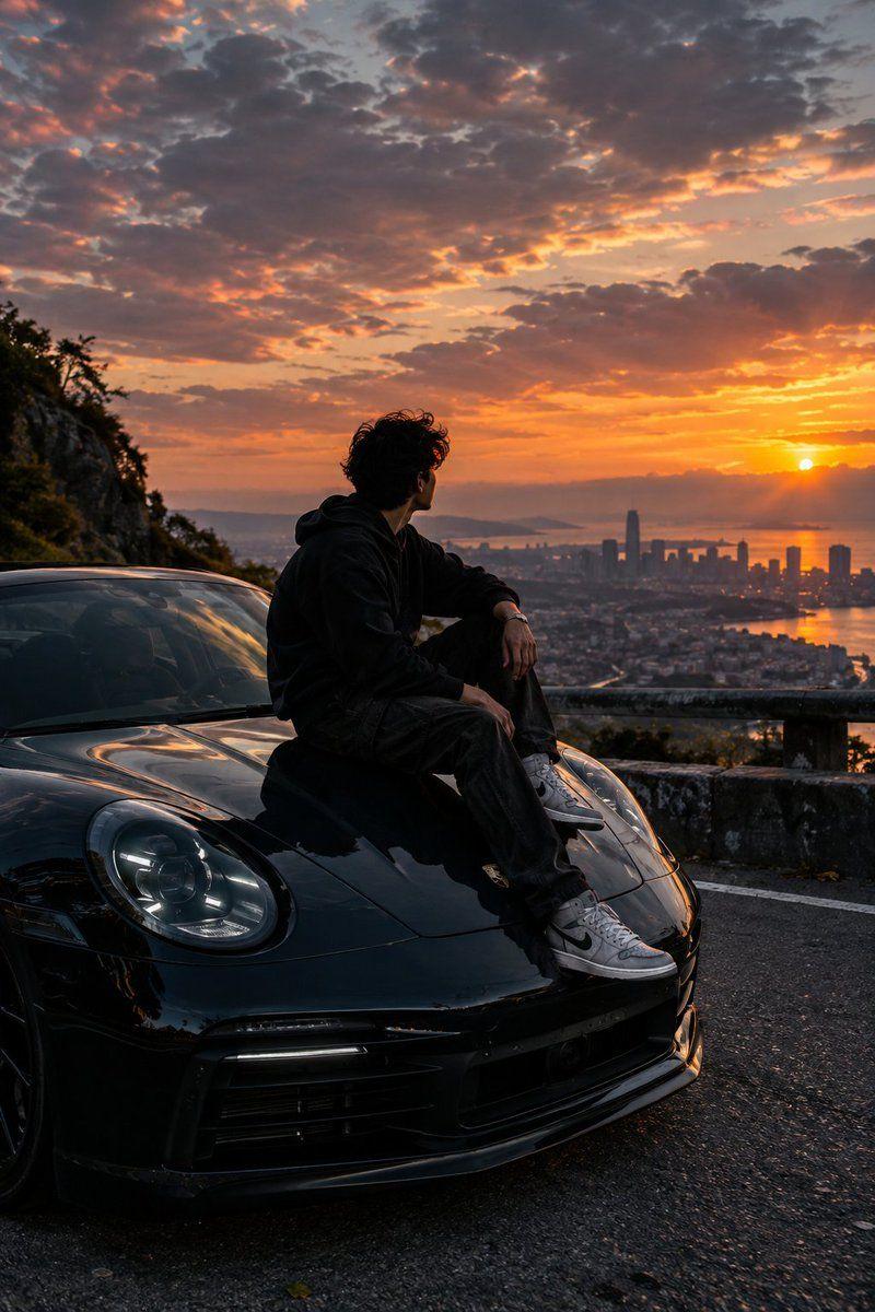 Prompt preview: A cinematic 4K ultra-realistic scene of a stylish young man sitting casually on the hood of a sleek …