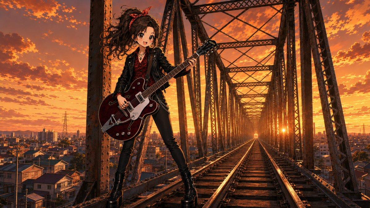 Vista previa del prompt: Guitarrista de rock estilo anime en un puente ferroviario