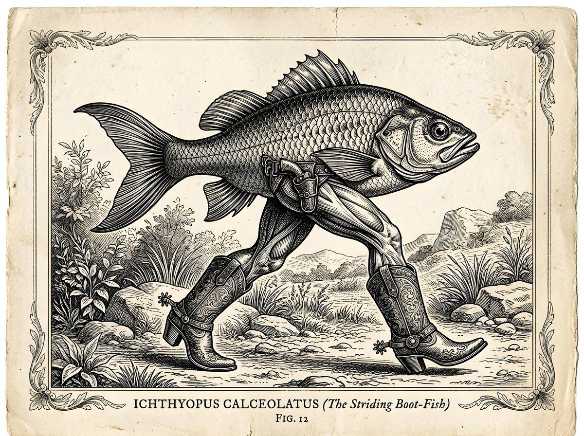 プロンプトのプレビュー: ヴィンテージ調インタリオ(凹版)によるシュールな魚のイラスト
