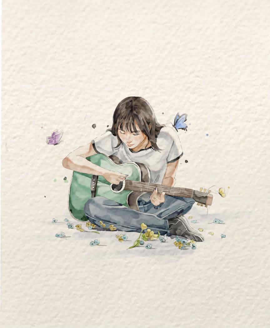 ตัวอย่างพรีวิวพรอมต์: ภาพวาดสีน้ำของนักดนตรีเล่นกีตาร์