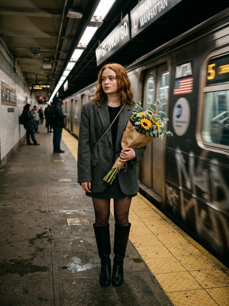 プロンプトのプレビュー: モーションブラーがかかった地下鉄ホームの女性のシネマティックな写真