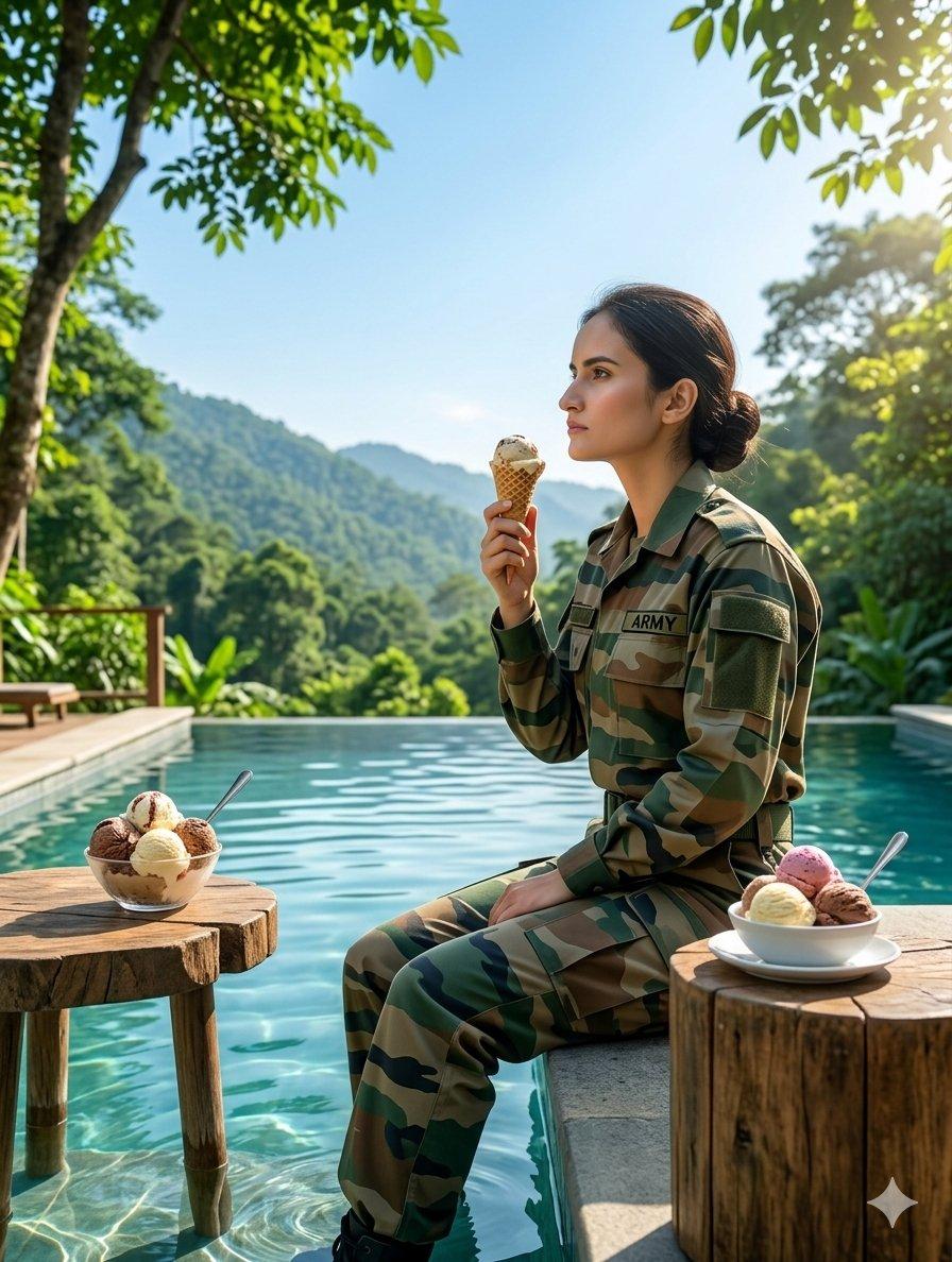 Promptvoorbeeld: Indian Army Soldier at Infinity Pool