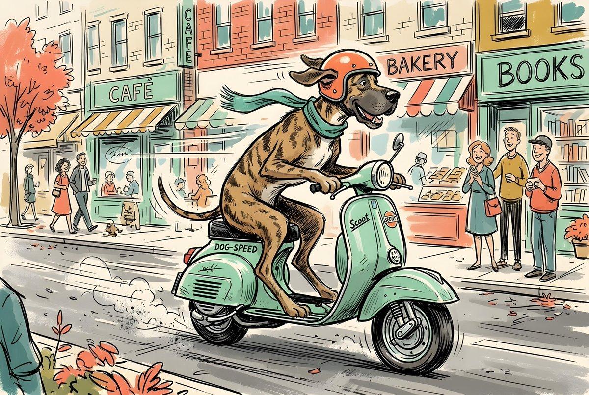 プロンプトのプレビュー: スクーターに乗る犬のスケッチ風イラスト