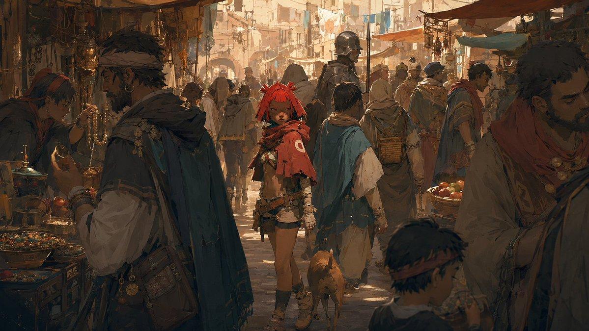 プロンプトのプレビュー: 映画のような賑やかな市場のスケッチ