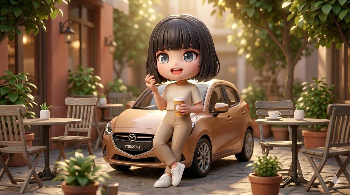 プロンプトのプレビュー: マツダのハッチバックと 3D スタイライズされた女性