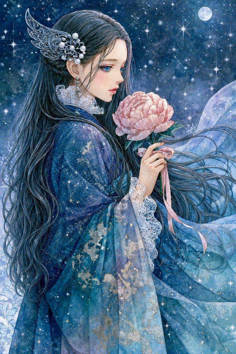 提示词预览: 月光下的动漫少女与牡丹