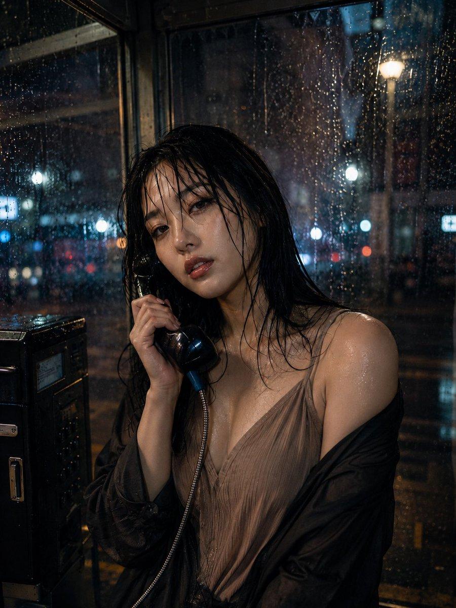 プロンプトのプレビュー: 雨の夜の電話ボックスで撮影したシネマティックなポートレート