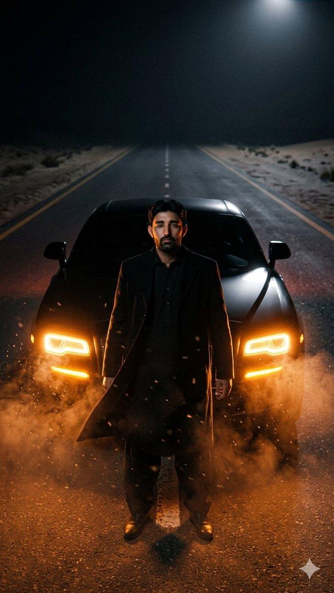 プロンプトのプレビュー: 砂漠のハイウェイで撮影された映画のような車のポートレート