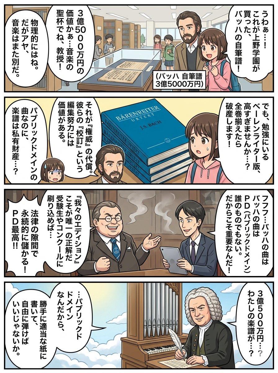 プロンプトのプレビュー: Nano Banana Pro 4コマ漫画プロンプト:天国のバッハ