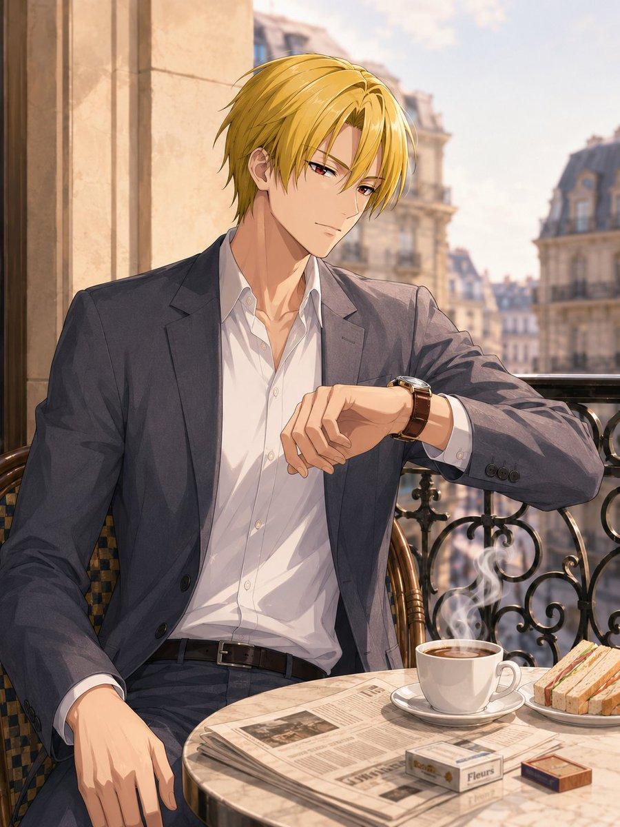 プロンプトのプレビュー: パリのカフェにいるアニメ風の男性