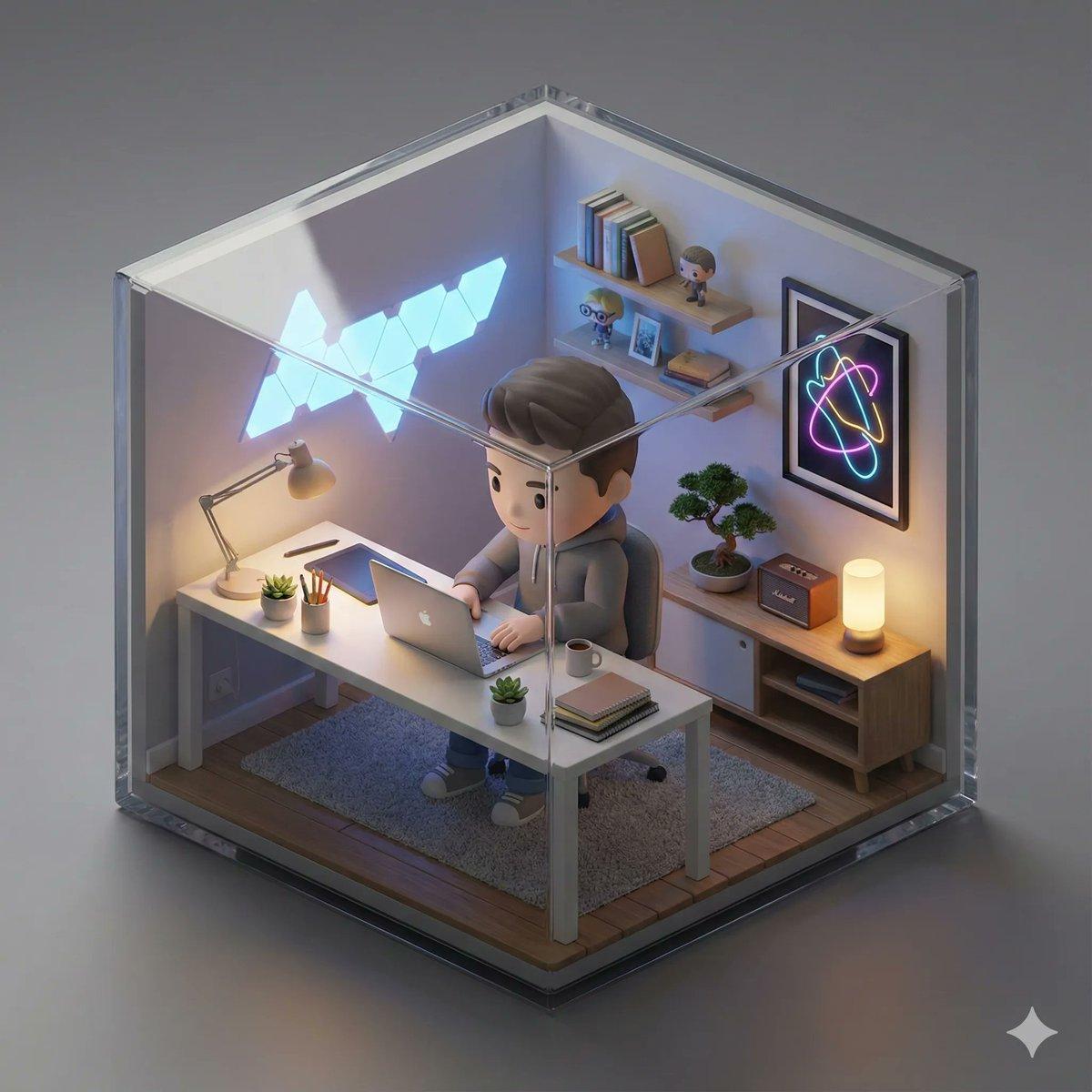 プロンプトのプレビュー: ちびキャラのいるアイソメトリック 3D ミニチュアルーム