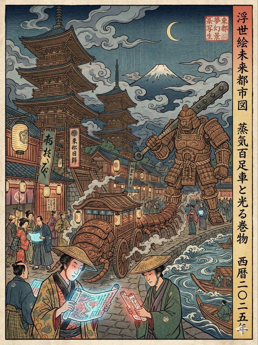 プロンプトのプレビュー: 現代の風景を再解釈した江戸時代の浮世絵