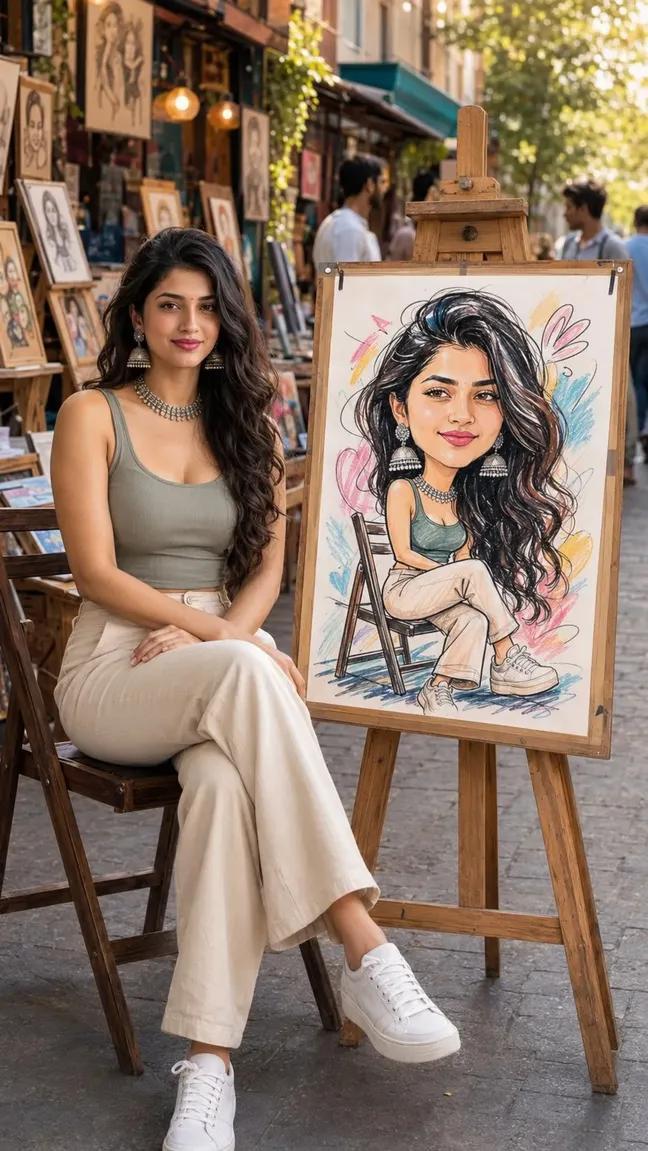 プロンプトのプレビュー: 屋外の似顔絵ポートレートとストリートシーン