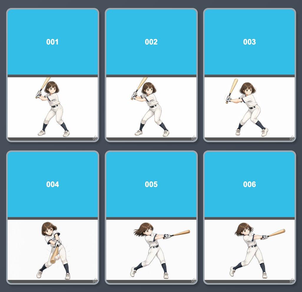 プロンプトのプレビュー: アニメ野球スイングのキーフレームシート