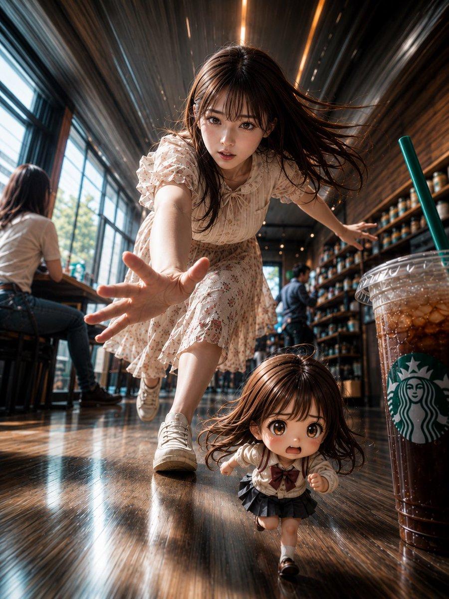 プロンプトのプレビュー: ダイナミックなカフェでのちびキャラ追跡ポートレート