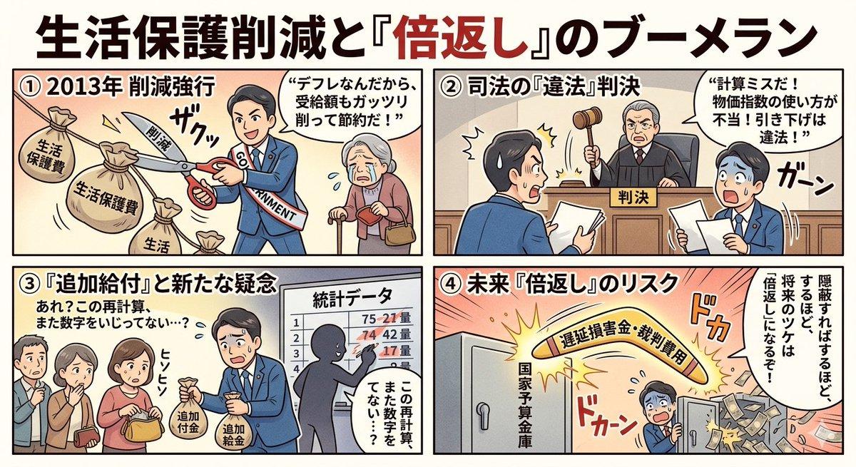 プロンプトのプレビュー: 4 コマ漫画:倍返しブーメラン