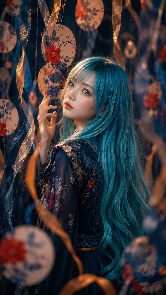 プロンプトのプレビュー: 青髪のフェスティバル・ポートレート