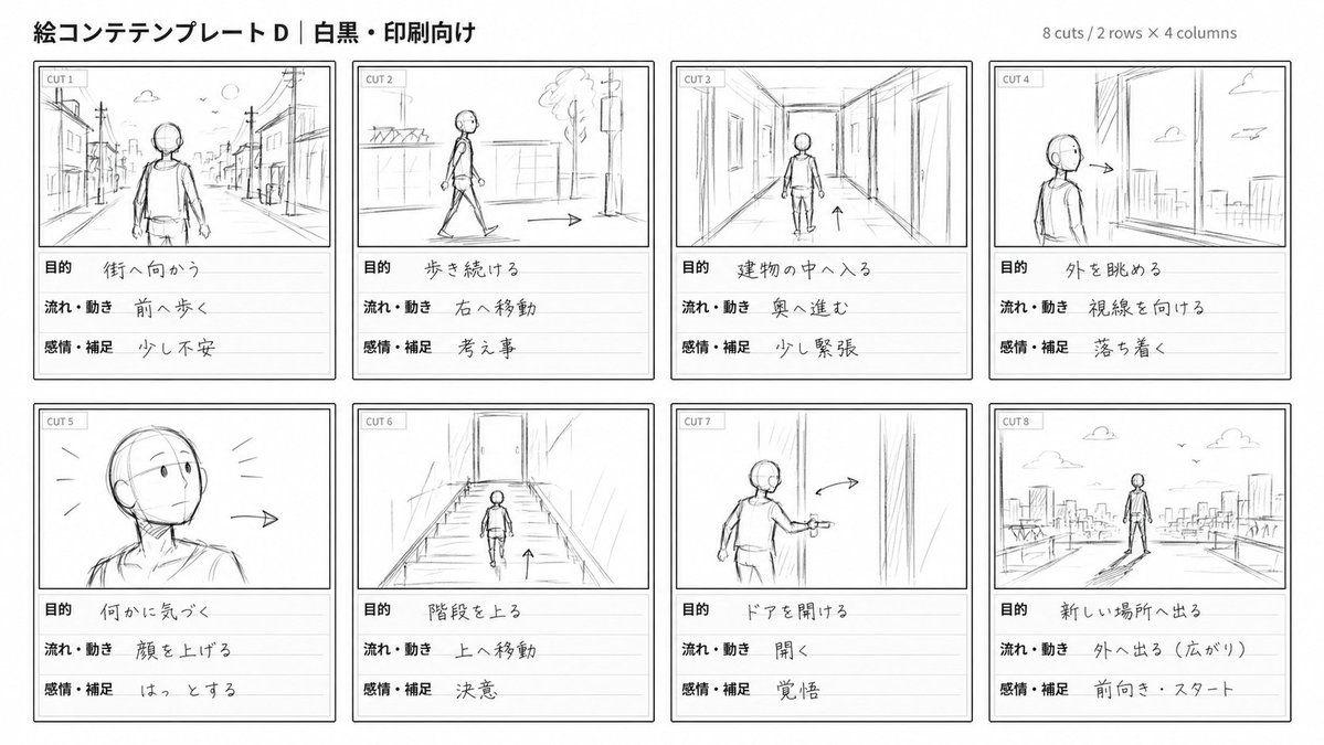 プロンプトのプレビュー: 絵コンテは全て{argument name="色" default="白黒"}で描き、{argument name="スタイル" default="ラフスケッチや下描き線"}といった手描きのようなテイ…