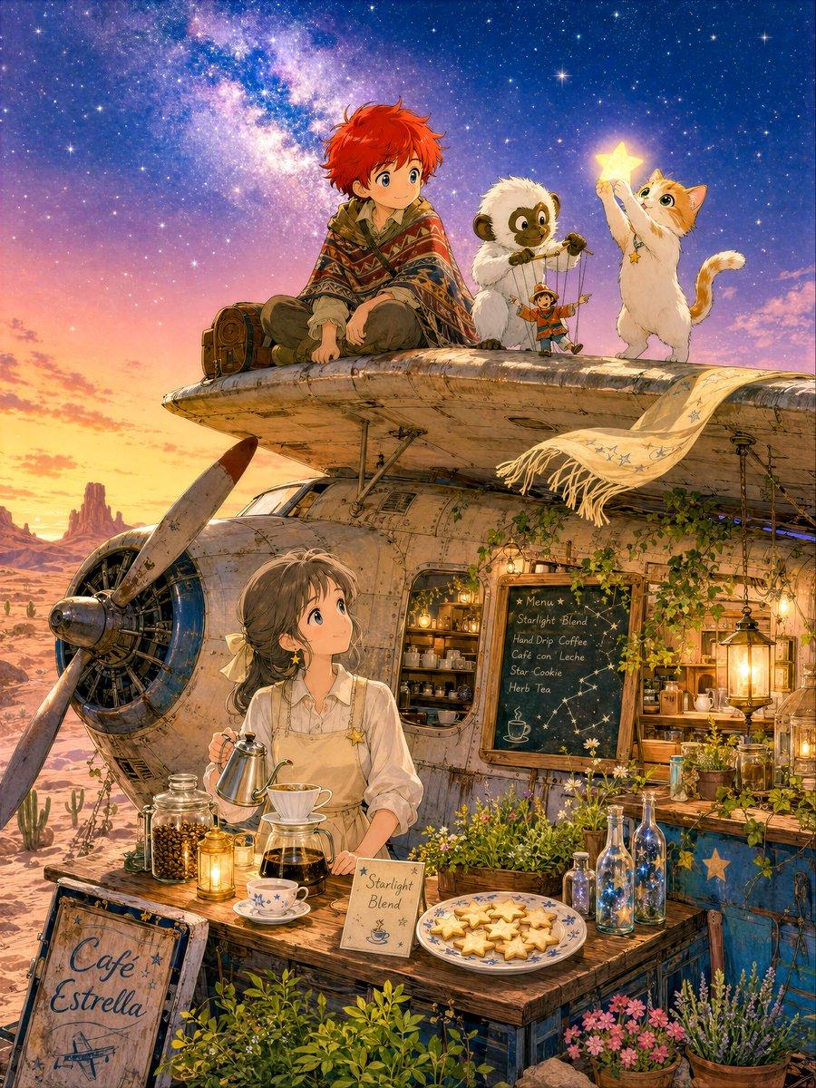 プロンプトのプレビュー: 星降る砂漠のカフェの物語