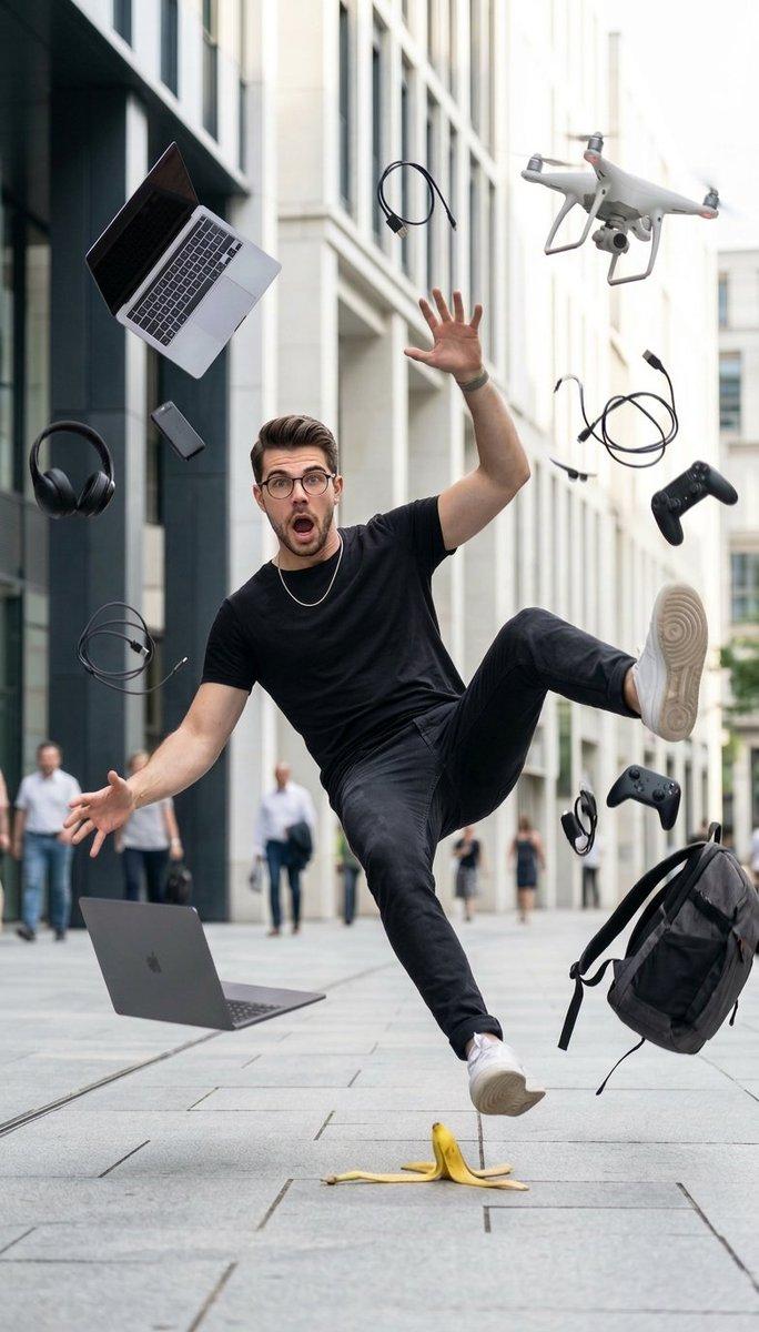 プロンプトのプレビュー: バナナの皮で滑る男性のシネマティックなストリートフォト