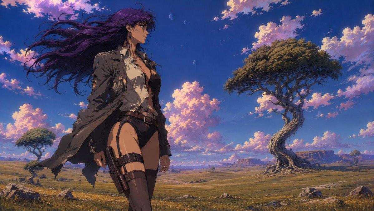 プロンプトのプレビュー: ファンタジーの草原に立つ、風になびくアニメ風の戦士