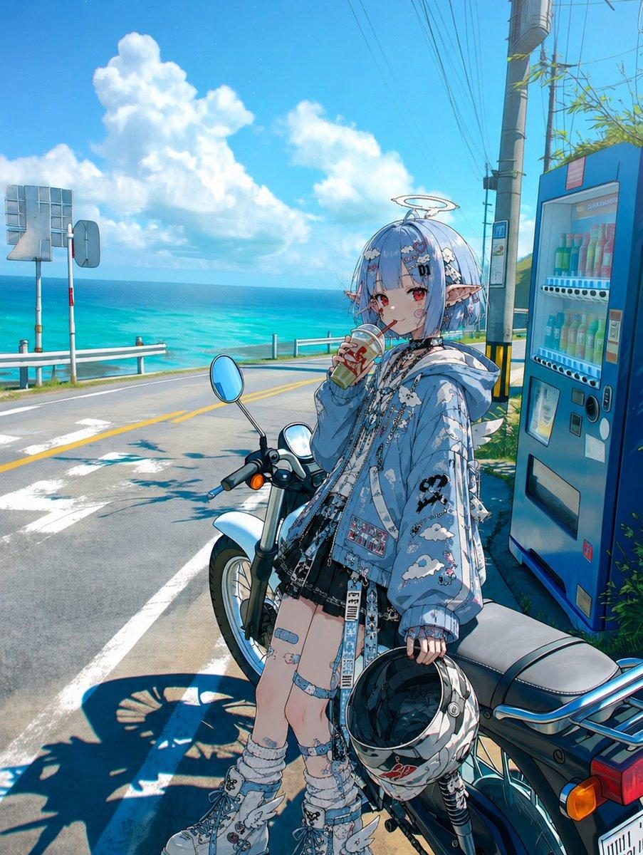 プロンプトのプレビュー: 海岸沿いのバイクとアニメ風の少女
