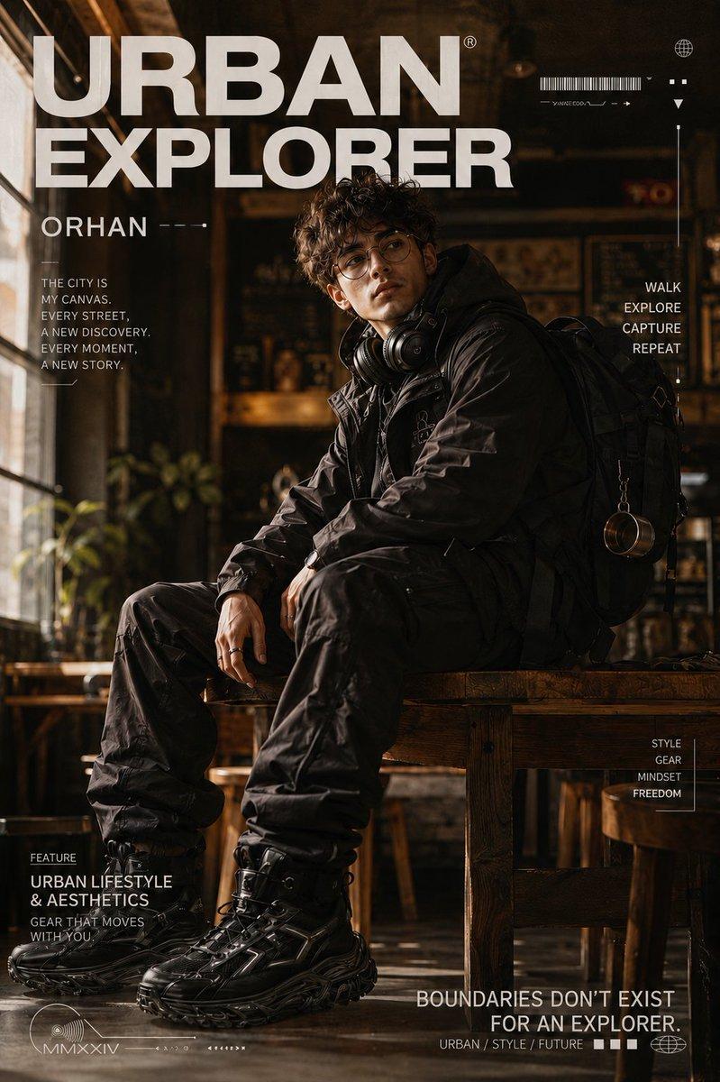 ตัวอย่างพรีวิวพรอมต์: บทบรรณาธิการแฟชั่นแนว Urban Explorer Techwear