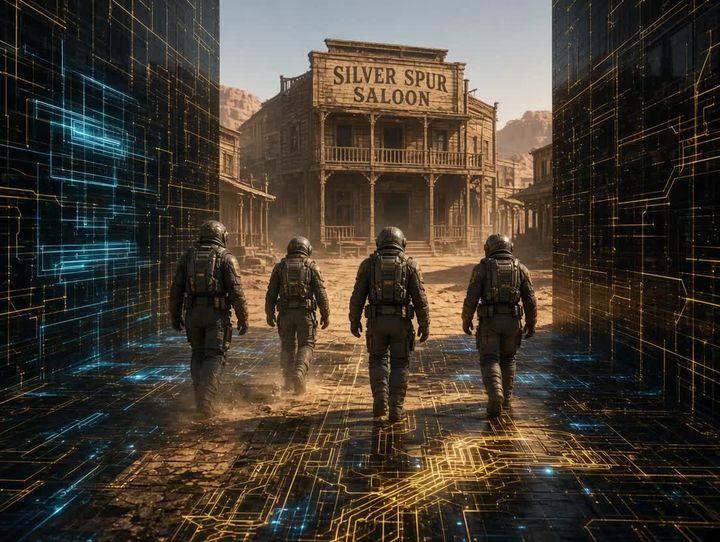 Prompt preview: A space crew continues their adventures in simulation holodeck they walk through a black-and-gold gr…
