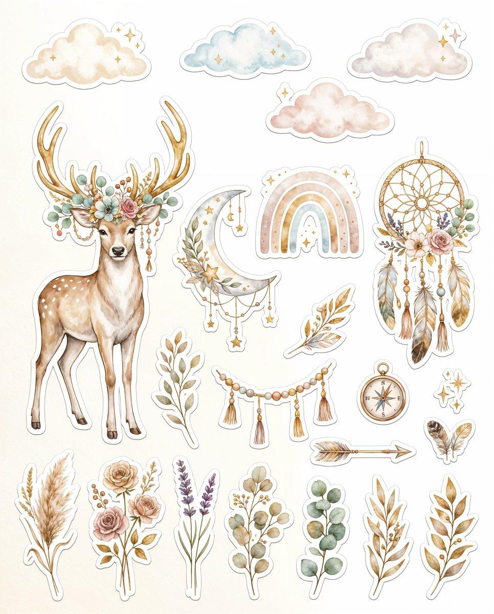 Pré-visualização do prompt: Coleção de Adesivos Boho de Luxo